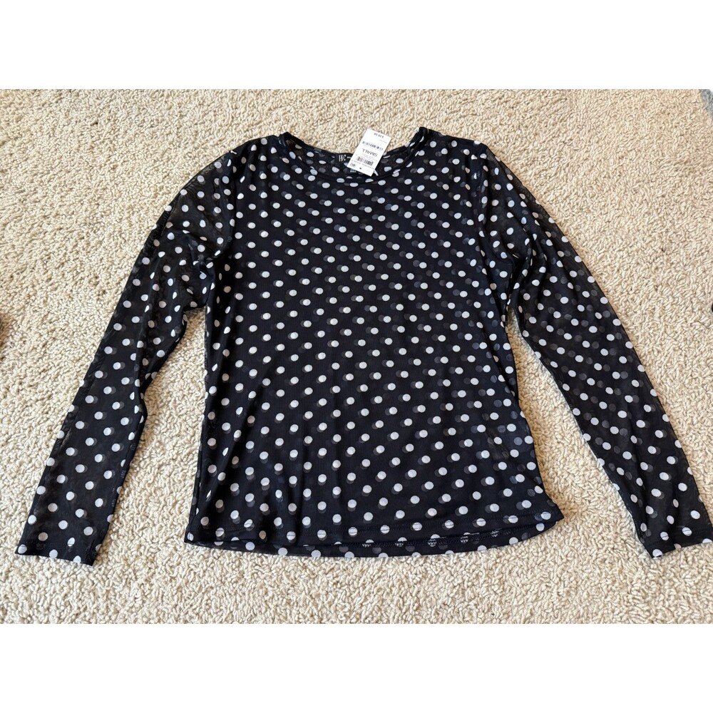 Small Long Sleeve INC Women's Black & White Polkadot SHEER Top ~Retro ~ Tween